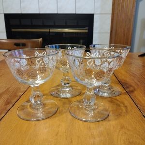 4 Libby Champagne/Sherbet Glasses Gold Roses White Ribbon 4.25" tall gold Rim